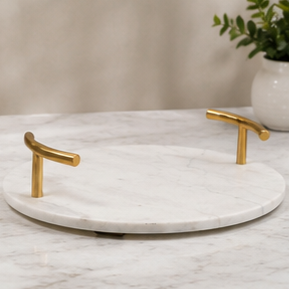 Round Marble <b>Storage</b> Tray With Gold Handles Modern Design Durable Indoor <b>Tabletop</b> Accessory Living Room Decor - Product Image 4