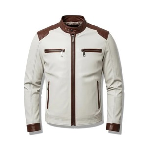 Veste en cuir crème et marron pour homme – Style Café Racer coupe ajustée, veste de motard bicolore en cuir véritable, veste de moto moderne à fermeture éclair - Product Image 1