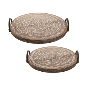 Hot Selling <b>Hand</b> Carved White <b>Wash</b> Color Round Shape Wooden Food Serving Tray <b>Set</b> of 2 Trays with Metal Handles From India - Product Image 1