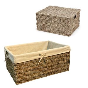 Panier de rangement en osier et jonc de mer avec couvercle et doublure en coton, idéal pour l'hôtellerie, les cafés et les restaurants - Product Image 1