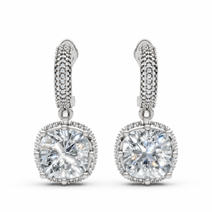 Round Brilliant Cut <b>Moissanite</b> Drop <b>Earrings</b> with Pavé Halo Leverback Design for Women Wedding Bridal Jewelry - Product Image 1