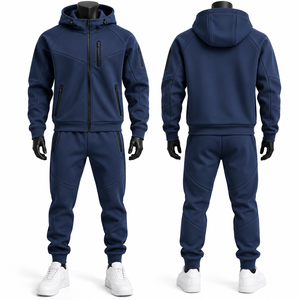 Men <b>Navy</b> <b>Blue</b> Hooded Tracksuit Full Sleeve Solid Color Casual Breathable Polyester Jogger Set Acid Wash Tech <b>Fleece</b> Custom Logo - Product Image 3