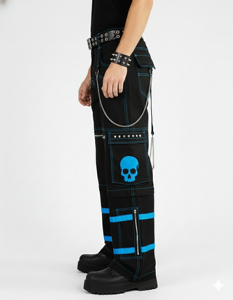 Pantalon cargo punk gothique personnalisé pour hommes et femmes, noir et bleu, imprimé crâne, coupe large, avec chaînes, style bondage, streetwear Y2K, élastique - Product Image 6