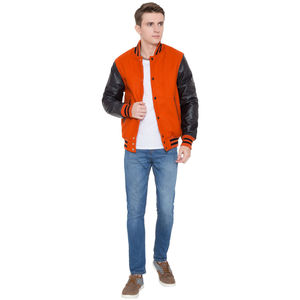 Veste de sport orange pour homme, manches en cuir PU, col rabattu, fermeture à boutons, vêtement décontracté pour l'automne - Product Image 2