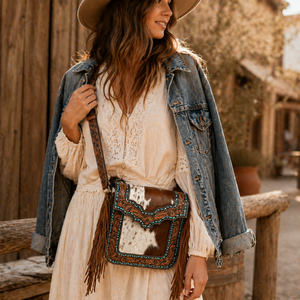 Sac à bandoulière élégant pour femme en cuir avec poils |   Sac à bandoulière en cuir de vache véritable, style western, avec franges, fait main, sac à main rustique et tendance - Product Image 4