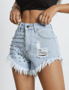 Women's High <b>Waist</b> Light Blue Denim Shorts Distressed Frayed Hem Rivet Punk Jean Shorts - Product Image 3