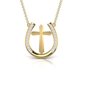 Colgante de cruz de herradura con diamante cultivado en laboratorio de corte redondo, oro amarillo de 14K, engaste de canal, claridad VVS1, regalo de cumpleaños para mujer - Product Image 4