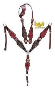 Collier de poitrail en cuir occidental rose avec incrustation croco et conchos en cristal, têtière confortable multifonction en cuir naturel souple - Product Image 4