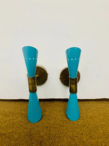 1950s Mid Century Italian Diabolo Metal Wall <b>Sconce</b> Pair Painted Die-Cut Printed 2 Bulb Folk Art Fixture Lamp Antique <b>Light</b> Blue - Product Image 2