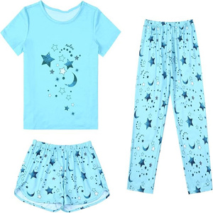 Ensemble de pyjama décontracté unisexe vert 3 pièces, t-shirt, pantalon, short, coton respirant, vêtements de nuit d'été, motif étoile et lune mignon - Product Image 5