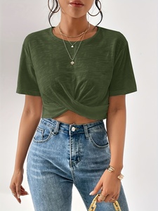 Women's Olive Green <b>Crop</b> <b>Top</b> Short <b>Sleeve</b> Crew Neck Knitted Asymmetric Casual T-Shirt Slim Fit Spring Summer Style - Product Image 4