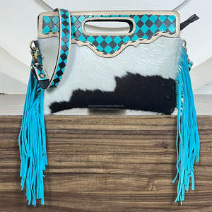 Sac à bandoulière en cuir à carreaux tendance en gros, sac à main pour femmes en cuir de vache véritable avec franges - Product Image 3