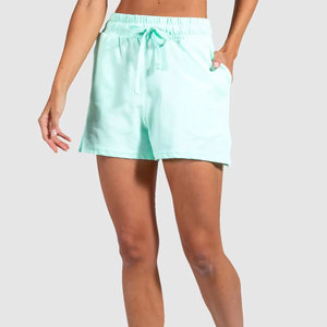 Shorts décontractés pour femme en coton 100% menthe, taille haute élastique avec cordon de serrage, couleur unie, anti-plis, poches, respirants, pour l'été - Product Image 1