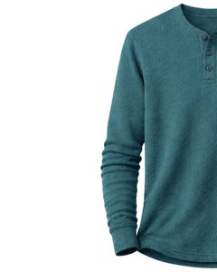 Camiseta térmica de manga larga para hombre, estilo waffle, color azul verdoso, informal, con cuello de botones, para invierno, de algodón, corte ajustado, tela transpirable - Product Image 4