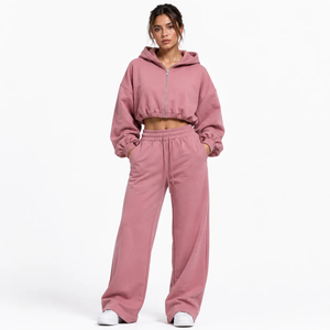 Ensemble de survêtement Vocksin pour femme, rose poudré, avec sweat à capuche court zippé et pantalon large en coton 100% épais, séchage rapide - Product Image 1