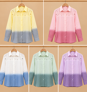 Camisa de Algodón con Degradado Amarillo para Mujer, Diseño con Aberturas, Manga Larga, Cuello Camisero, Blusa Casual con Botones, Primavera Verano - Product Image 3