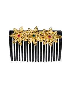 Peigne à cheveux élégant en alliage plaqué or noir, motif floral doré, pierres précieuses rouges et vertes, léger, imprimé vintage, pour mariage - Product Image 3
