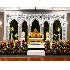 Grand Reception Stage Arabic Style Mirror <b>Frames</b> Designer Mughal Style <b>Arched</b> Backdrop Panels Luxury White & Gold Wedding Stage - Product Image 1