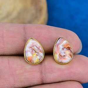 Natural Pink Oyster Pear Shape Gemstone <b>Stud</b> Earring 18k Gold Micron Over 925 Sterling <b>Silver</b> - Product Image 1