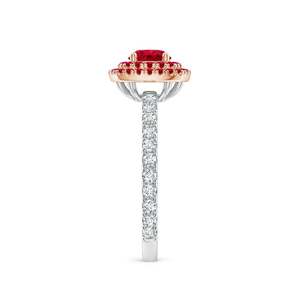 Anillo de Compromiso de Oro Sólido de 14K con Rubí Redondo de Dos Tonos y Doble Halo, Joyería Fina Hecha a Mano y Personalizada para Boda o Compromiso - Product Image 3