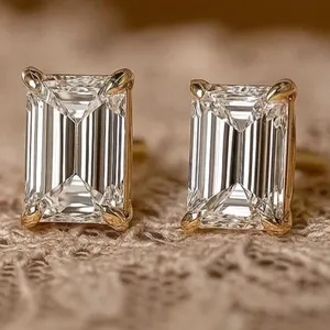 IGI 4.00Ct <b>Emerald</b>-Cut Lab Grown Diamond Solitaire <b>Stud</b> Earing 14k Yellow Gold - Product Image 4