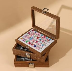 Wooden Jewelry <b>Case</b> with Glass Lid 7 Compartments Velvet Ring Box for Rings, <b>Earrings</b> - Product Image 2