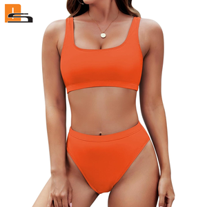 Women Orange Two Piece Bikini <b>Set</b> <b>Square</b> Neck High Waist Solid Color Swimwear Bandeau Top Stretch Fabric - Product Image 1