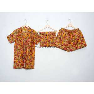 Conjunto de Pijama de 3 Piezas de Algodón Ligero de Alta Calidad para Mujer, Manga Corta, Secado Rápido, Transpirable, Ropa de Playa para Verano - Product Image 1