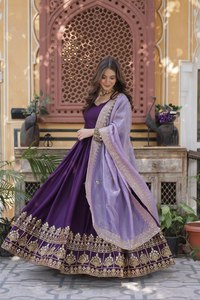 Georgette Zari Gown <b>Flared</b> Maxi <b>Sequin</b> Gold Crush Lace Dupatta Heart Neck Stitched Women Two Piece Festive Salwar Suit Set - Product Image 3