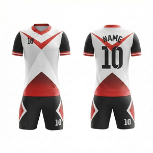 Ensemble de maillot de football pour hommes, sublimé, col en V, manches courtes, 100% polyester respirant, design géométrique, rouge, noir, blanc - Product Image 1