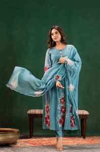 Ensemble Kurta et pantalon brodé pour femme, séchage rapide, style traditionnel indien pakistanais, tenue décontractée, coupe régulière, longueur normale, en soie Chanderi - Product Image 5