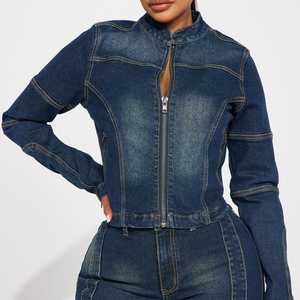 Womens Denim Bomber Jacket Light Blue Full Sleeve Covered Button Closure <b>Turn</b>-down Collar Winter Style Woven Fabric Logo Cotton - Product Image 6