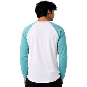 Camiseta de manga larga raglán blanca y azul aguamarina para hombre, de algodón premium, cuello redondo, informal, estilo béisbol, ropa personalizada OEM. - Product Image 2