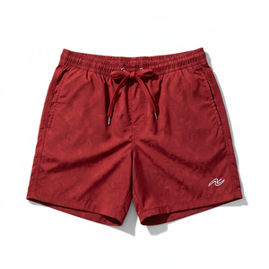 Men's <b>Red</b> Solid Color Quick Dry Canvas 100% Polyester Front Logo Elastic Waist Mid Casual Board Shorts - Product Image 1