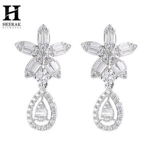 Custom Gold Baguette <b>Diamond</b> Floral Drop <b>Earrings</b> Teardrop Halo <b>Dangle</b> <b>Earrings</b> for Women - Product Image 1