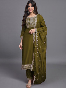 Traje de Algodón Bordado Tradicional Color Oliva para Mujer, con Dupatta, Corte Recto, Largo hasta la Rodilla, Ropa Casual de Secado Rápido, Estilo India/Pakistán - Product Image 1
