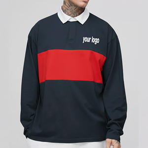 เสื้อโปโลแขนยาวผู้ชายสีบล็อก OEM ผ้าฝ้าย 100% ทรงหลวม สกรีนโลโก้พิมพ์นูน 3 มิติ แบบกำหนดเองสำหรับผู้ชาย - Product Image 1