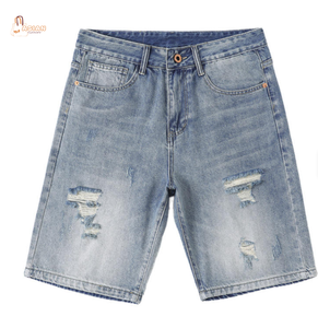 Shorts Bermuda en jean déchiré pour homme, taille mi-haute, fermeture boutonnée, style décontracté, bleu clair, tissu en coton tissé - Product Image 1