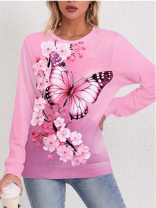 Sudadera TRIBON SPORTS para Mujer, Cuello Redondo, Estampado Floral de Mariposas Rosas, Corte Regular, Manga Larga, Informal, para Primavera, 100% Bambú - Product Image 1