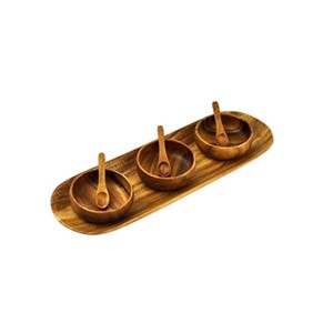 Handcrafted Eco-Friendly Mango Wood Condiment Set 3 Spice Bowls with <b>Mini</b> Wooden Spoons and Serving Tray for Salt Pepper - Product Image 6