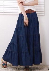 Jupe longue en jean taille haute coupe trapèze pour femme, style décontracté uni délavé avec poches, coupe ample, mode printemps - Product Image 2