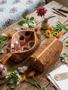 Pochette de maquillage vintage à fleurs, grande capacité, en coton matelassé orange, écologique, style bohème, avec fermeture éclair - Product Image 2