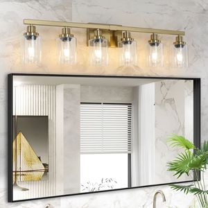 Moderna Lampada da Parete Dorata a 6 Luci da 37 Pollici con Paralumi in Vetro Trasparente e Struttura in Ferro per Specchio e Bagno - Product Image 1