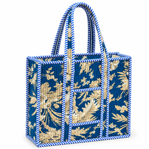 Blue Floral Panelled Classic High Quality <b>Patchwork</b> Cotton Women's Tote <b>Bag</b> Large Capacity Zipper Closure Water Resistant Open - Product Image 1