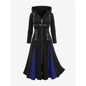 Manteau long à capuche pour femme grande taille, style gothique, en similicuir PU, avec fermeture éclair, lacets, œillets et rayures bicolores - Product Image 2