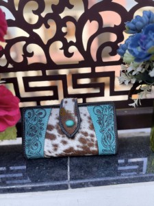 Designer Hair On Hide <b>Leather</b> Clutch Carving <b>Tooled</b> <b>Leather</b> Wallet Vintage Turquoise Colour <b>Leather</b> Credit Cards Cash Holder - Product Image 6
