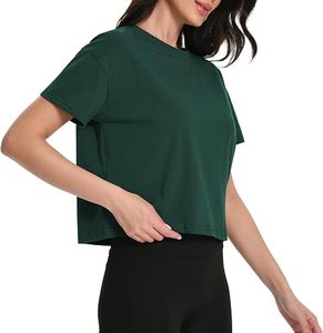 Custom Women's Green <b>Cropped</b> Crew Neck Gym wear T-Shirt Short Sleeve Knitted Solid Yoga <b>Top</b> - Product Image 3
