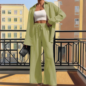 Ensemble décontracté pour femme : haut court à manches longues et jupe mi-longue, en tissu tricoté respirant polyester-coton, idéal pour l'été, avec poches - Product Image 3