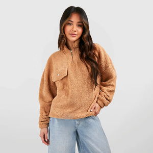 Sweat-shirt unisexe surdimensionné de luxe en molleton Teddy épais avec fermeture éclair 1/4, 100 % polyester, col montant, logo personnalisé, pour femme - Product Image 1