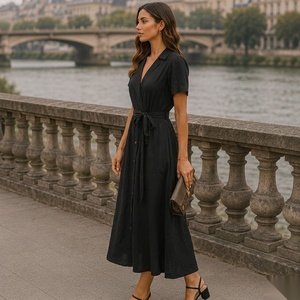 Robe chemise décontractée mi-longue à manches courtes, col en V, boutonnée sur le devant, avec ceinture à nouer - Product Image 4